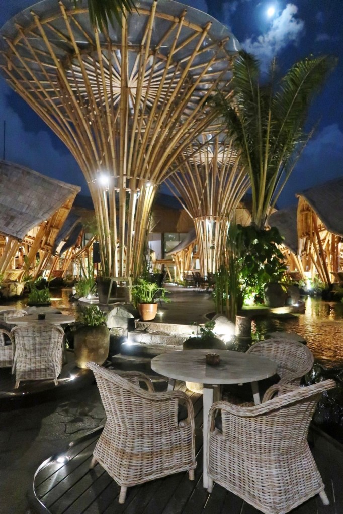 Tall bamboo tree-like structures at Wanaku IndoAsian Cuisine Restaurant