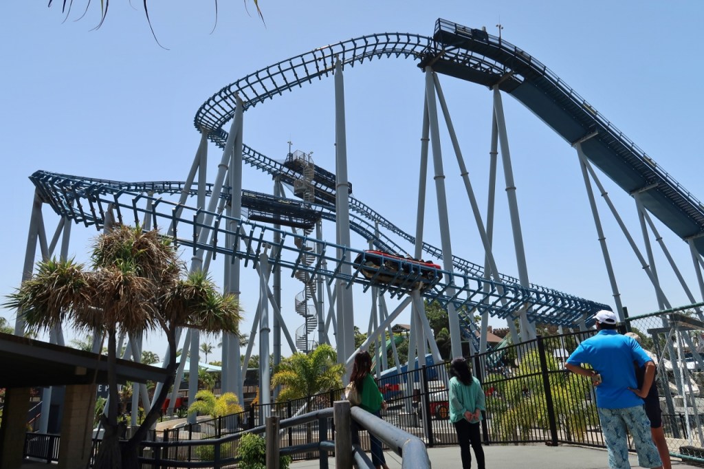 Looking upwards at the Storm Coaster ride at Sea World Marine Theme Park