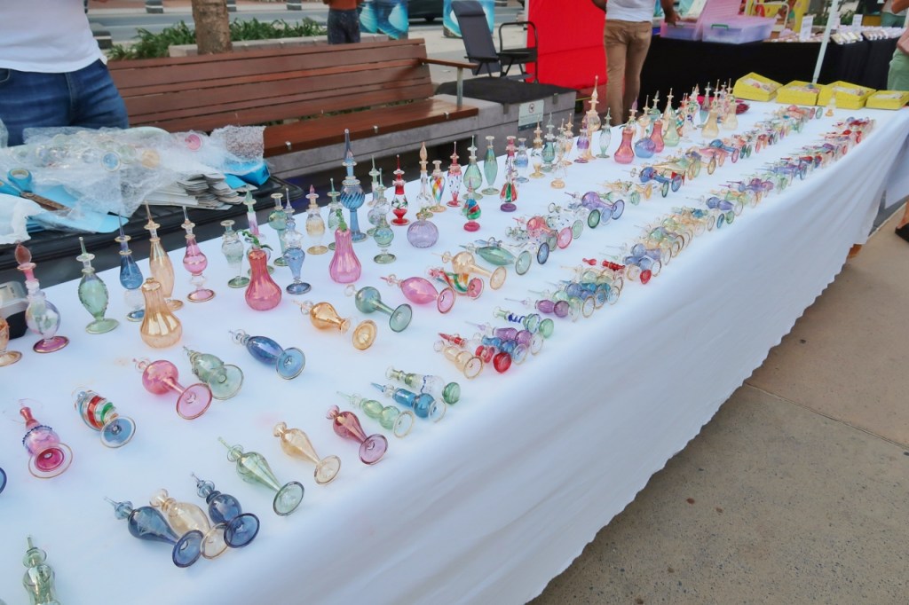 Colourful glass bottles on display at Surfers Paradise Beachfront Markets