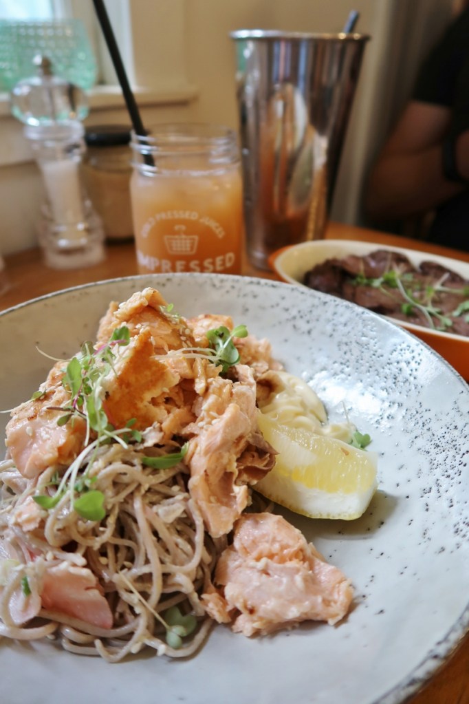 Miso salmon with soba noodles, seared beef, milkshake and cold-pressed juice at Bumbles Cafe