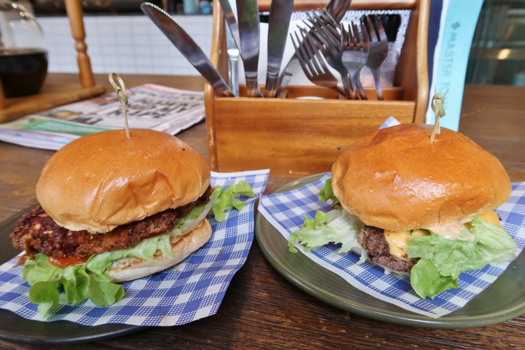 Chicken and beef burgers at Master Tom's Espresso Burger Bar