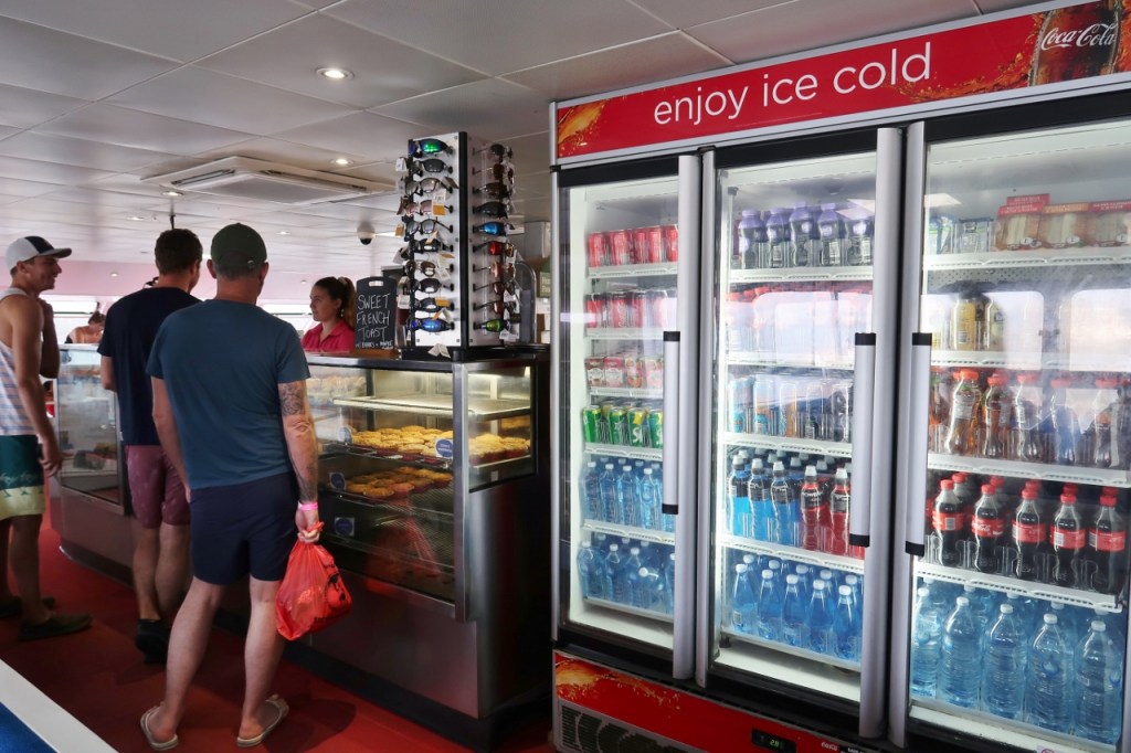 Food and drinks on display at the deli onboard the MiCat Ferry to Moreton Island