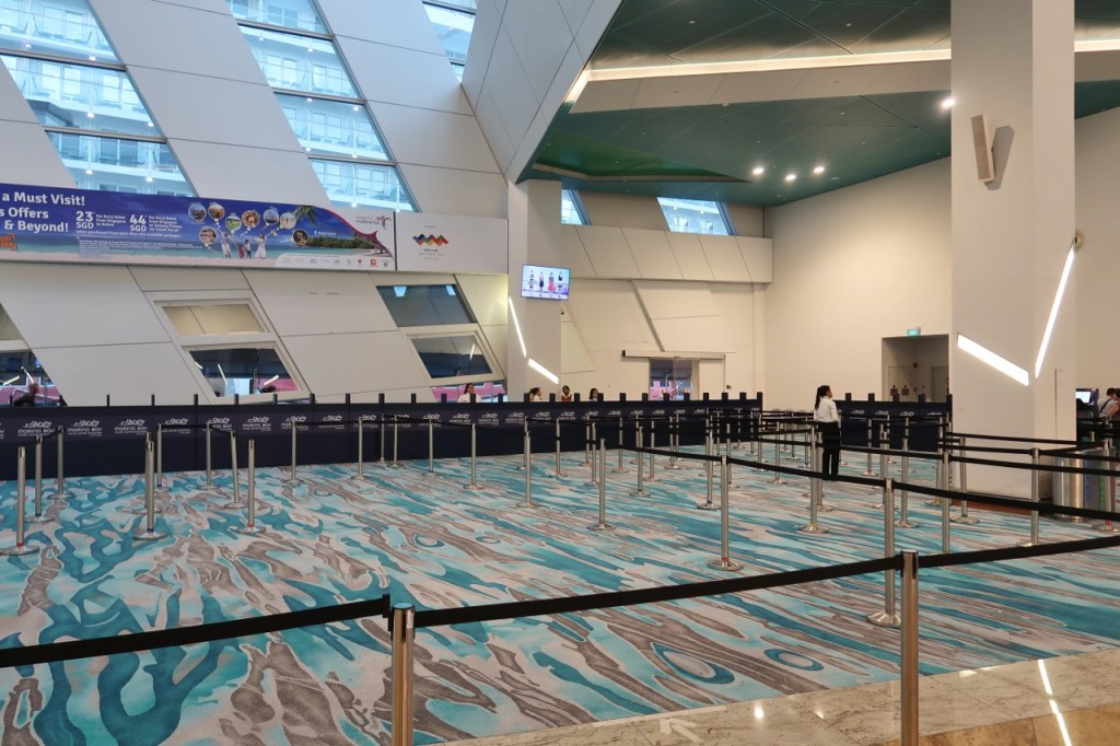 Empty queue lines at Marina Bay Cruise Centre