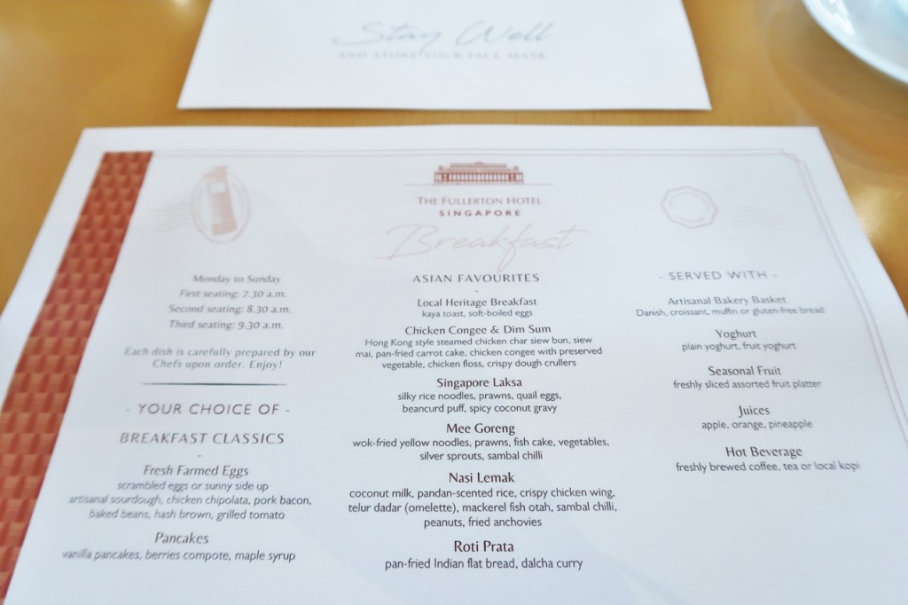 A la carte breakfast buffet menu at Town Restaurant at The Fullerton Hotel