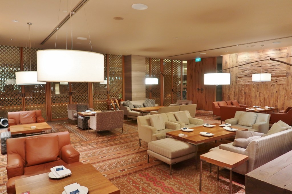 Plush dining area at 10 Scotts restaurant at Grand Hyatt hotel