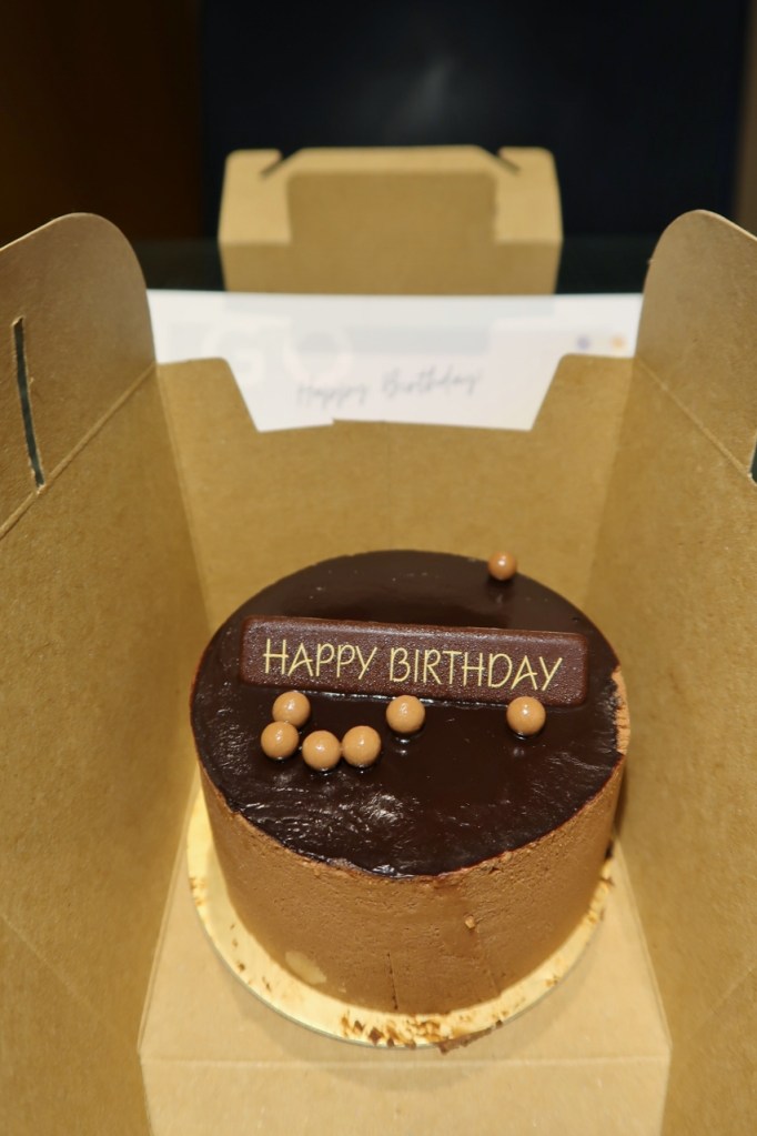 Chocolate birthday cake amenity from Grand Hyatt hotel