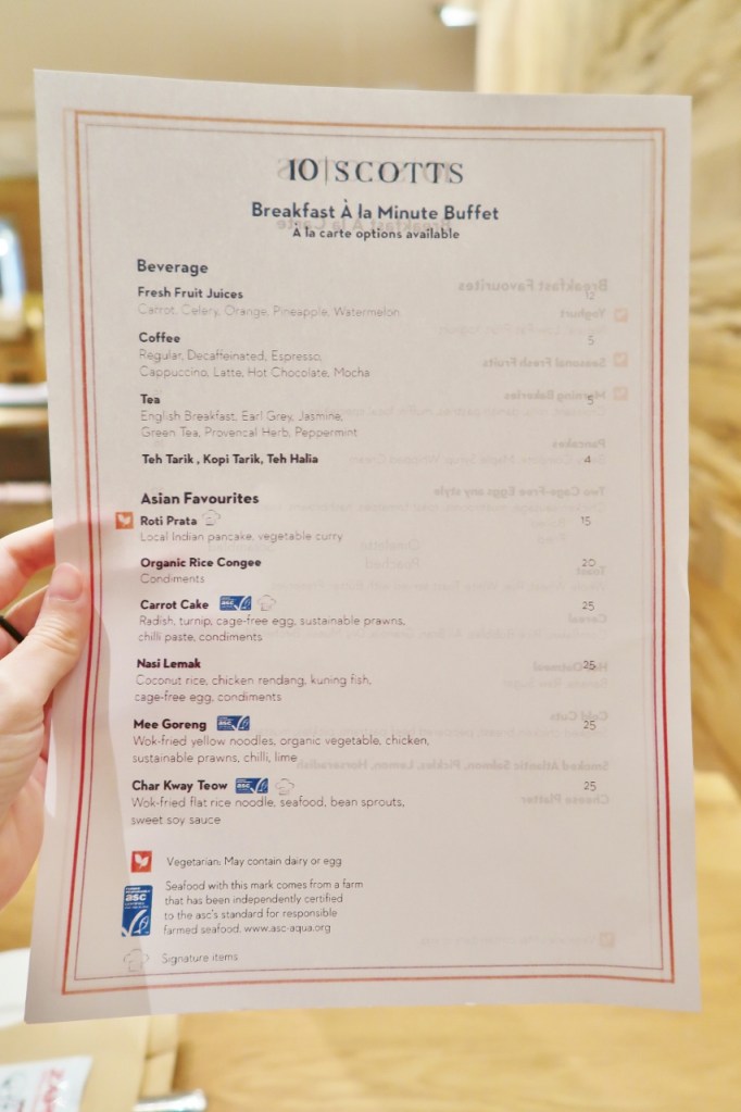 Breakfast buffet menu at 10 Scotts restaurant at Grand Hyatt hotel