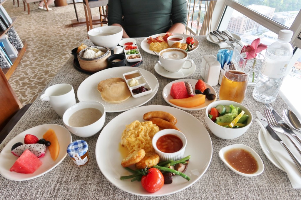Breakfast buffet dishes at Top Of The M Meritus Club Lounge at Mandarin Orchard Hotel