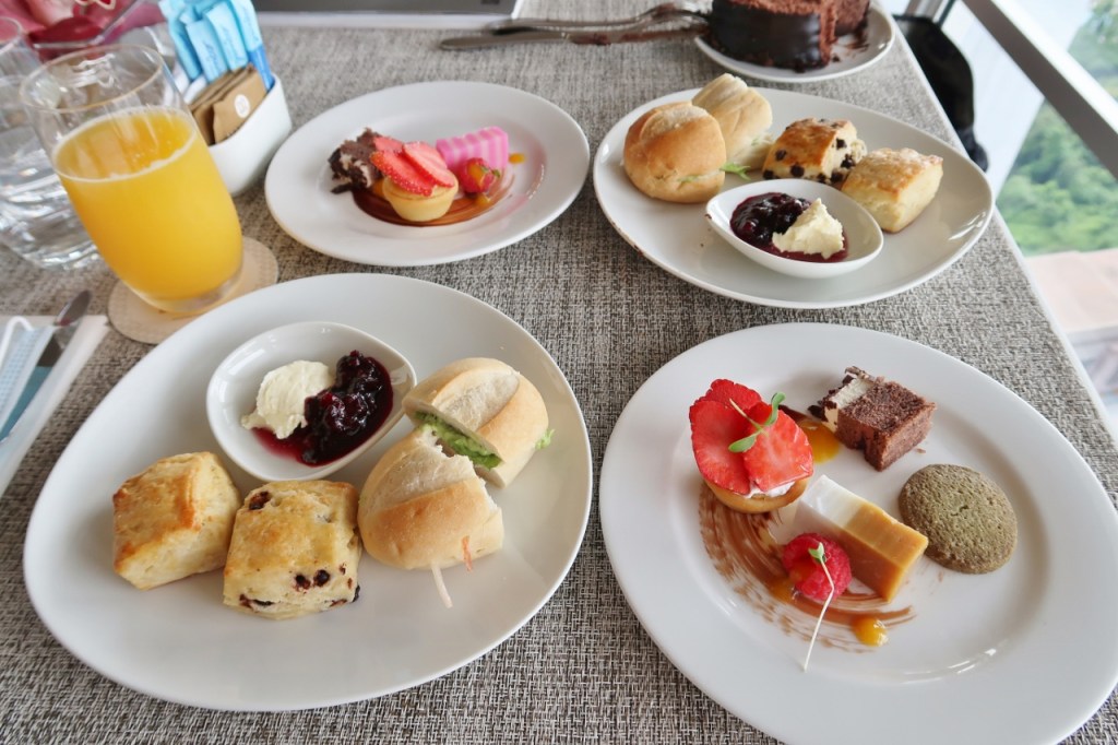 Afternoon tea dishes at Top Of The M Meritus Club Lounge at Mandarin Orchard Hotel