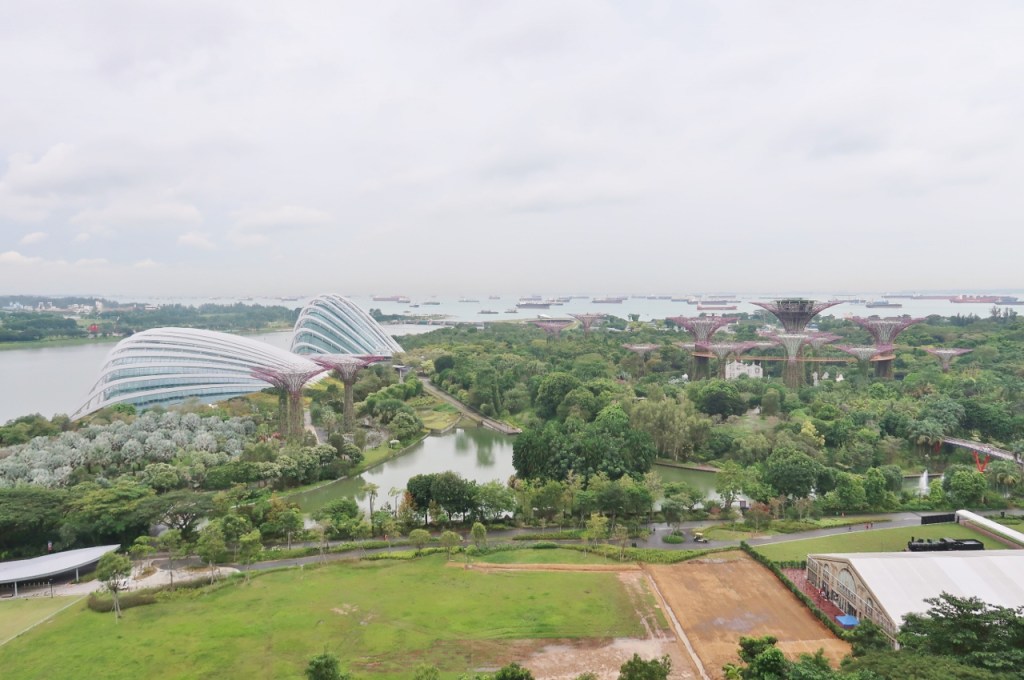 The view of Gardens By The Bay and Flower Domes from Deluxe Room with Garden View at Marina Bay Sands Hotel