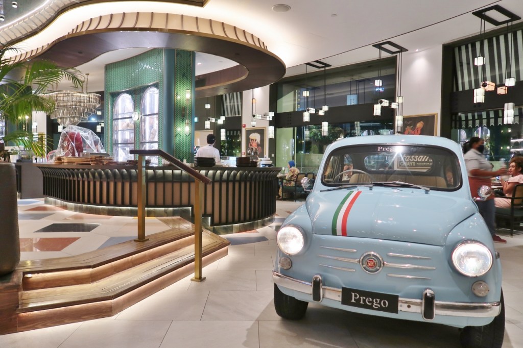 Vintage car dispay in Prego restaurant at Fairmont Hotel