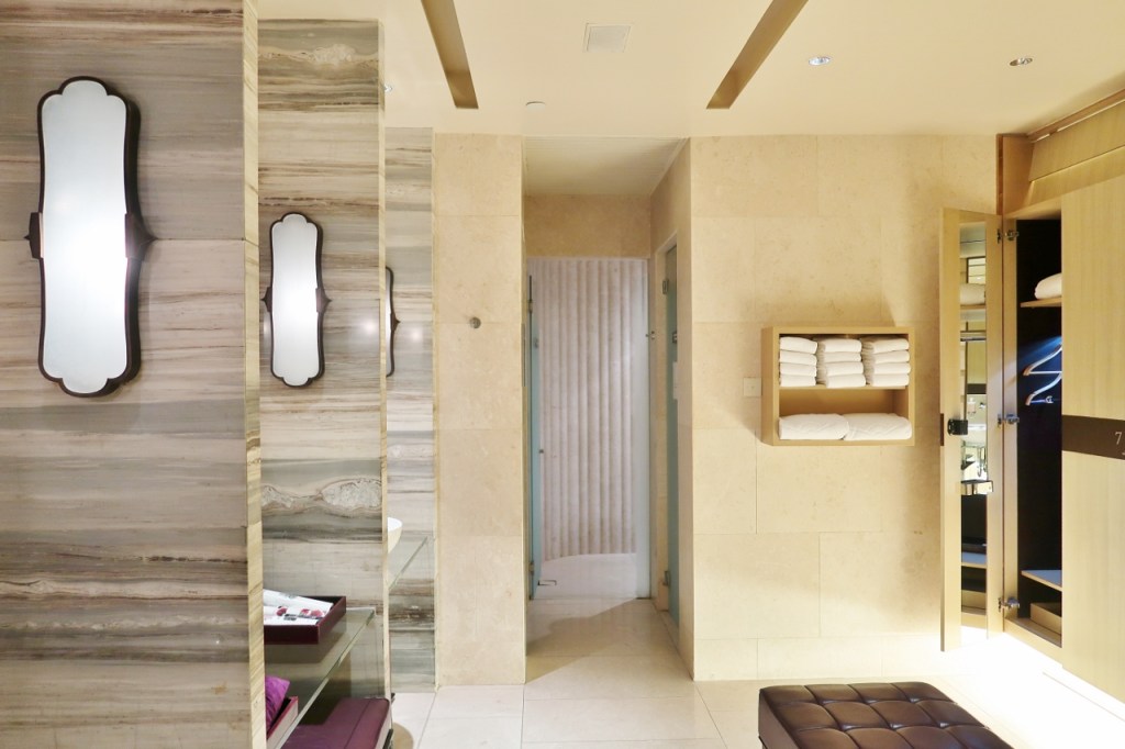 Changing room with steam and shower facilities within The Spa at Mandarin Oriental Hotel