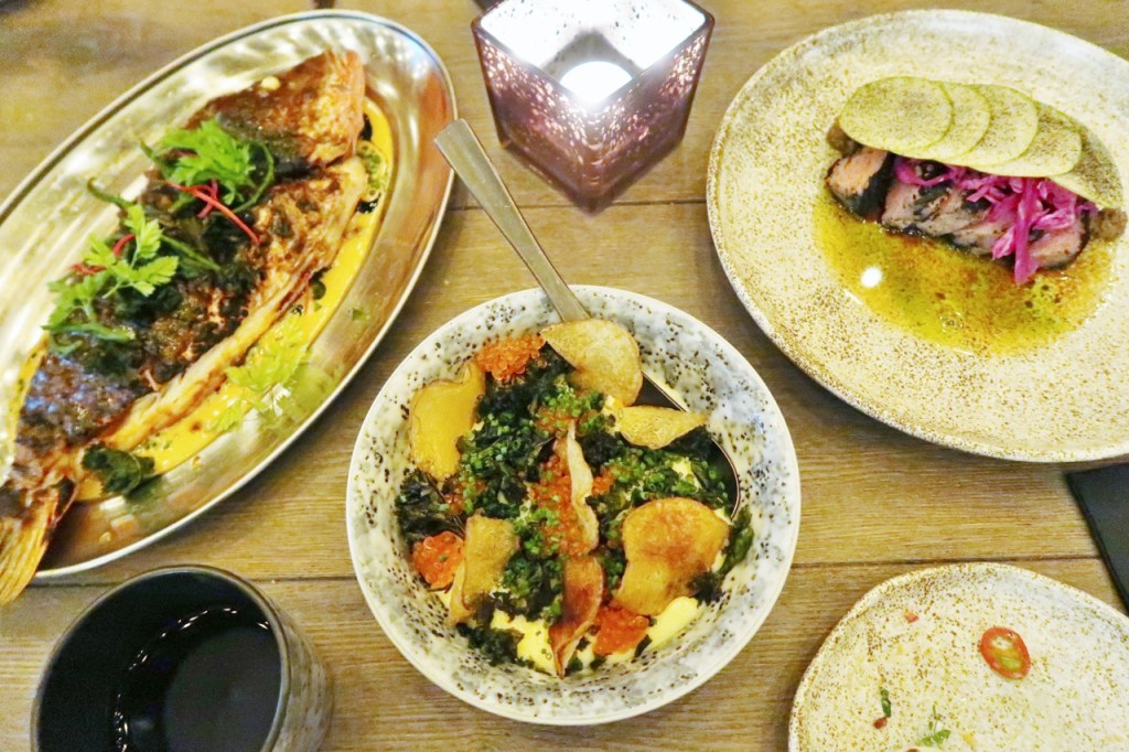 Sichuan BBQ snapper fish, potato purée and beef short rib pastrami dishes from Catfish Restaurant