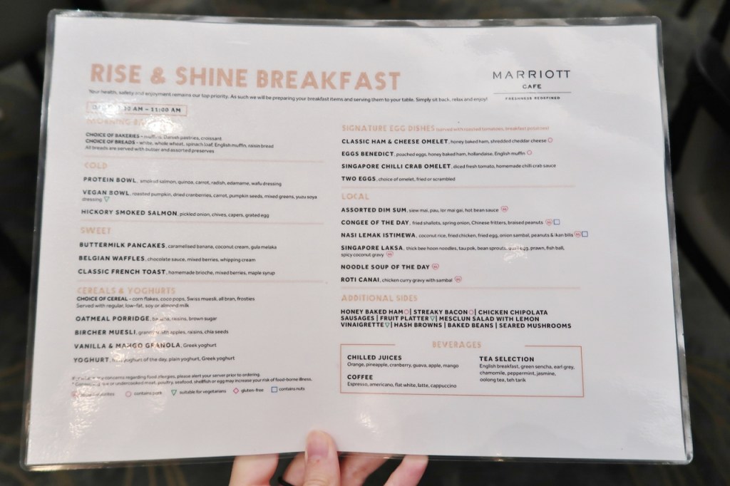 Breakfast buffet menu at Marriott Cafe at Marriott Tang Plaza Hotel