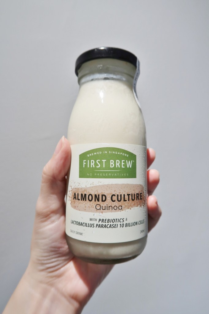 A bottle of First Brew quinoa almond culture drink