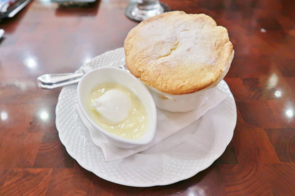 Pot-baked vanilla souffle with custard sauce from Hoshino Coffee cafe-restaurant