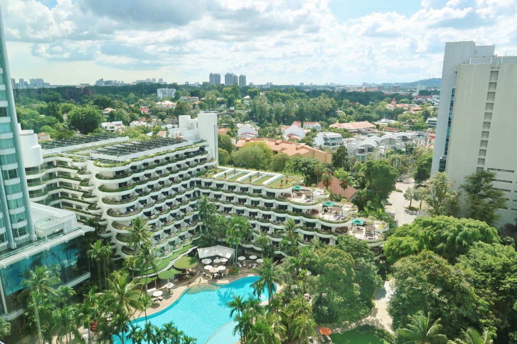 The view of Garden Wing and the swimming pool from Valley Wing Deluxe Room at Shangri-La Hotel