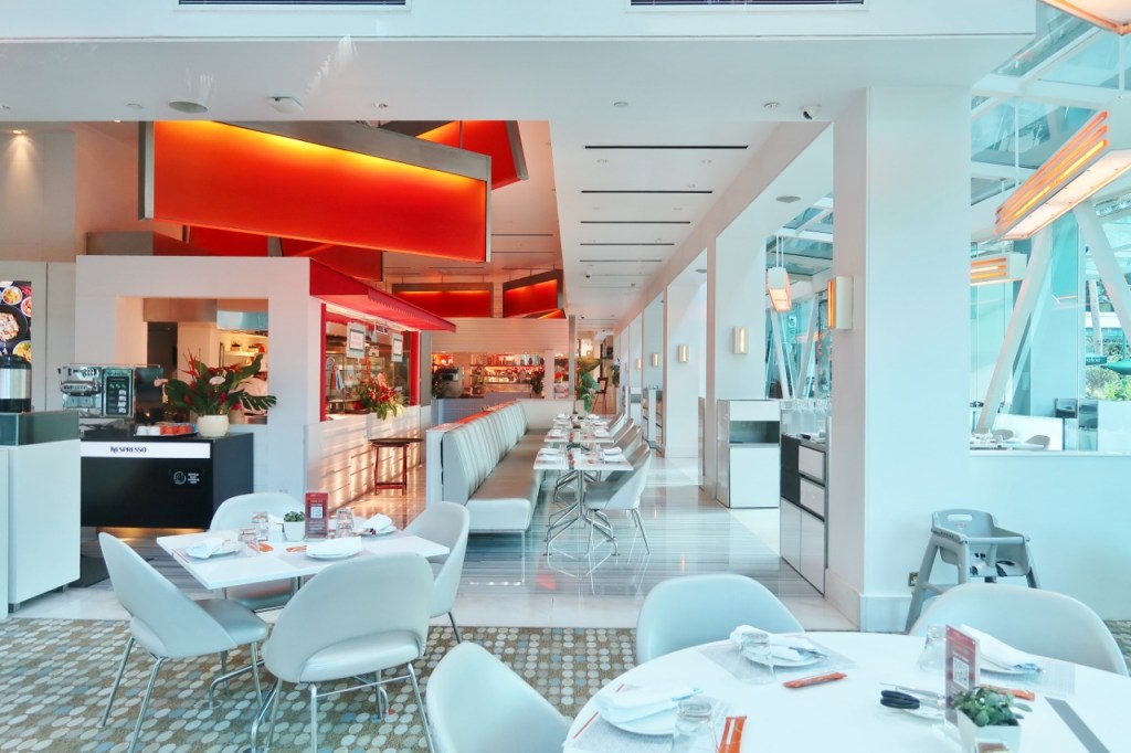 Seating area at The Line restaurant at Shangri-La Hotel