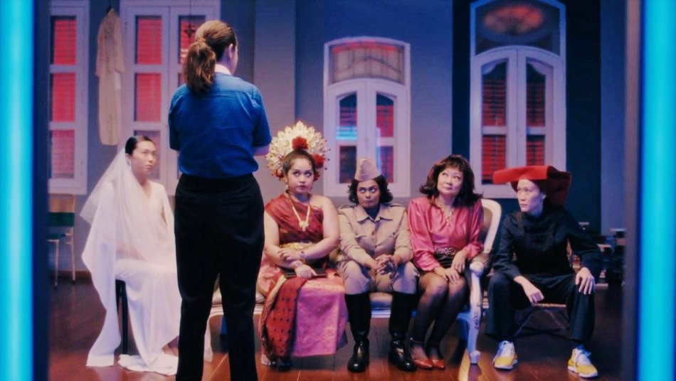 Five women suspects sitting down and being interrogated by the police in The Bride Always Knocks Twice - Killer Secrets theatre play
