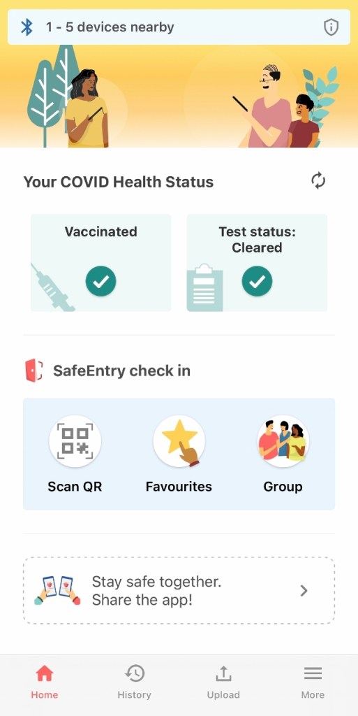 Homepage of the TraceTogether app showing a negative Covid-19 test result