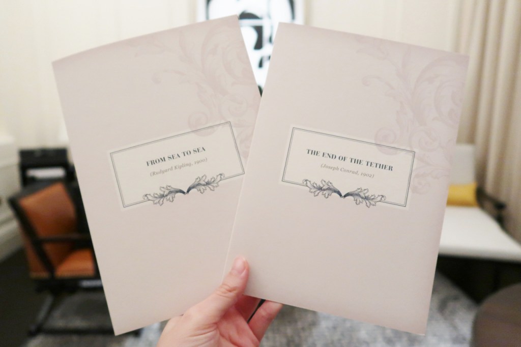 Rudyard Kipling and Joseph Conrad story excerpts left in our State Room Suite during turndown service at Raffles Hotel