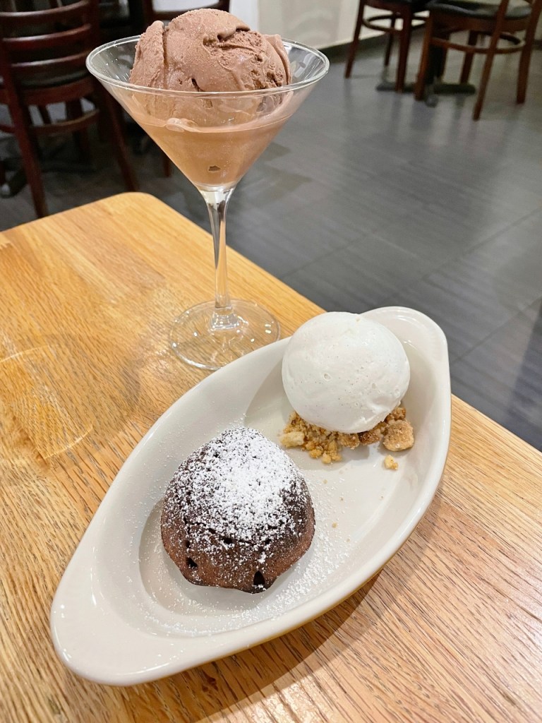 Chocolate ice cream and chocolate lava cake with vanilla ice cream from Saveur restaurant