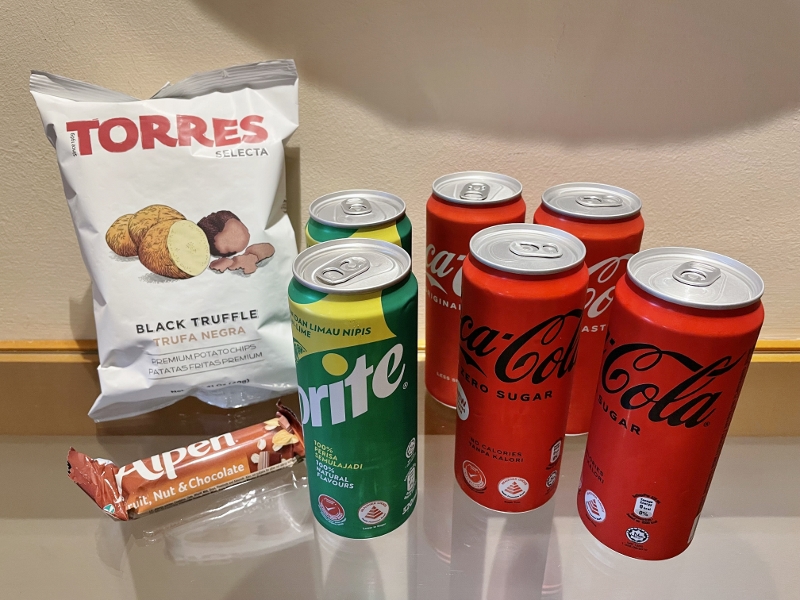 Mini-bar snacks and drinks in King Bed Deluxe Room at Grand Hyatt Hotel