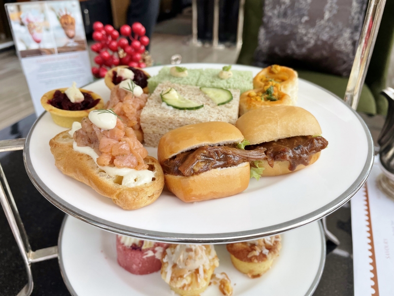 Savoury afternoon tea items from The Landing Point restaurant at The Fullerton Bay Hotel
