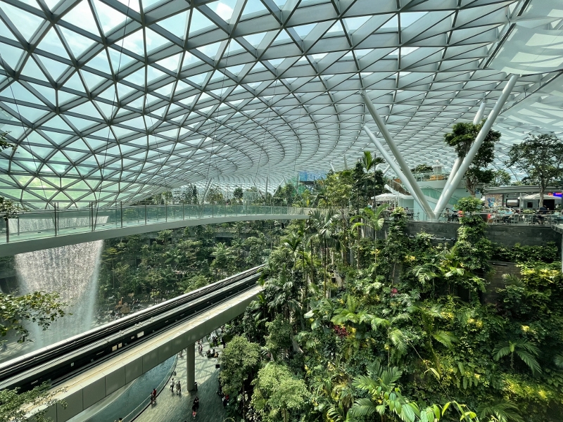 The view of HSBC Rain Vortex waterfall and Shiseido Forest Valley from Burger & Lobster Restaurant