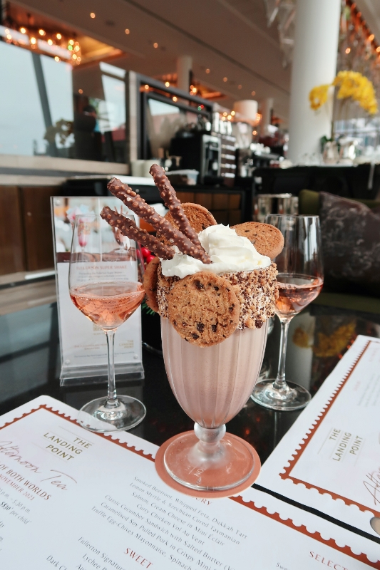 The Triple C chocolate milkshake and glasses of Sangre de Toro 0% alcohol rosé from The Landing Point restaurant at The Fullerton Bay Hotel