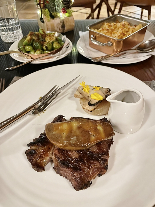 Kagoshima Craft wagyu striploin with foie gras, buttered brussel sprouts and truffled mac and cheese from Origin Grill Restaurant at Shangri-La Hotel