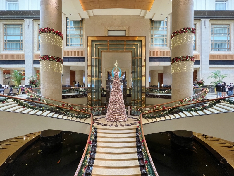 Christmas tree and decor at The Fullerton Hotel's atrium