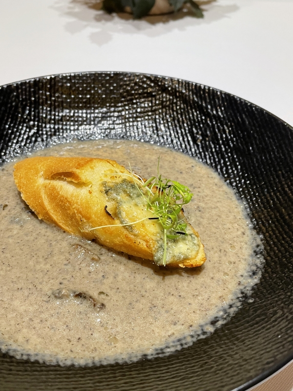 Forest mushroom veloute with blue cheese toast from Nest At One Farrer restaurant at One Farrer Hotel