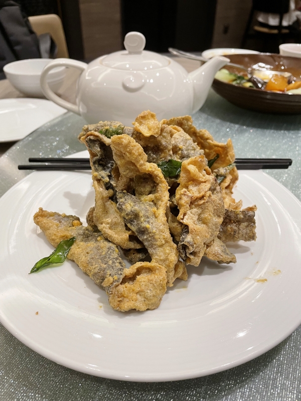 Deep-fried fish skin with salted egg yolk from Jia He Chinese Restaurant at One Farrer Hotel