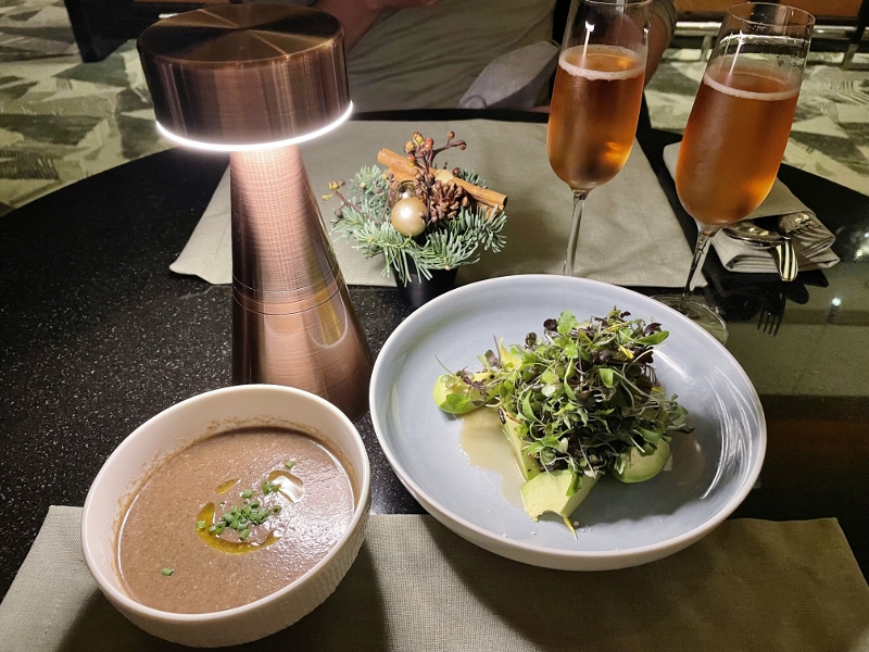 Avocado salad with baby cresses and mushroom soup with truffle oil from One-Ninety Bar at Four Seasons Hotel