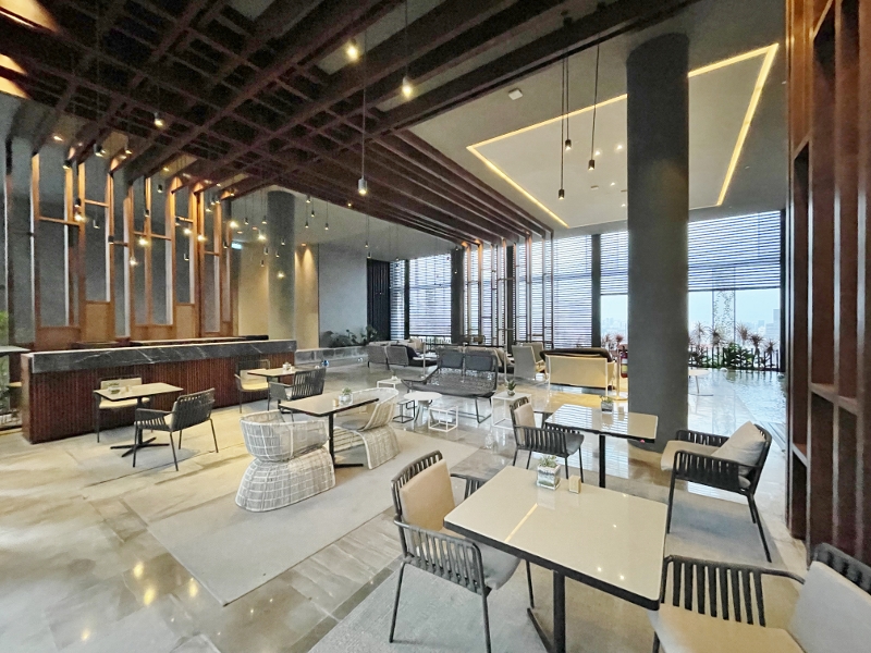 Skyline Pavilion on level 21 in the evening at Oasia Hotel Downtown