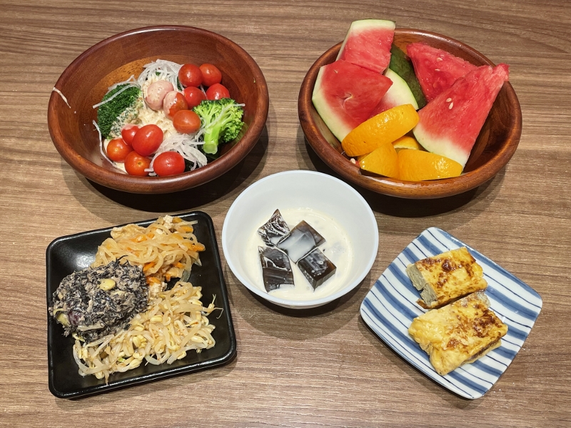 Items from the salad and egg bar at Hamburg Steak Keisuke restaurant