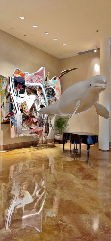Moby Dick sculpture with augmented reality beluga whale at The Ritz-Carlton Millenia Hotel