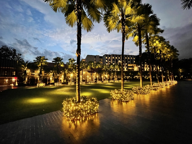 Heritage Courtyard at The Barracks Hotel in the evening lit up by fairy lights