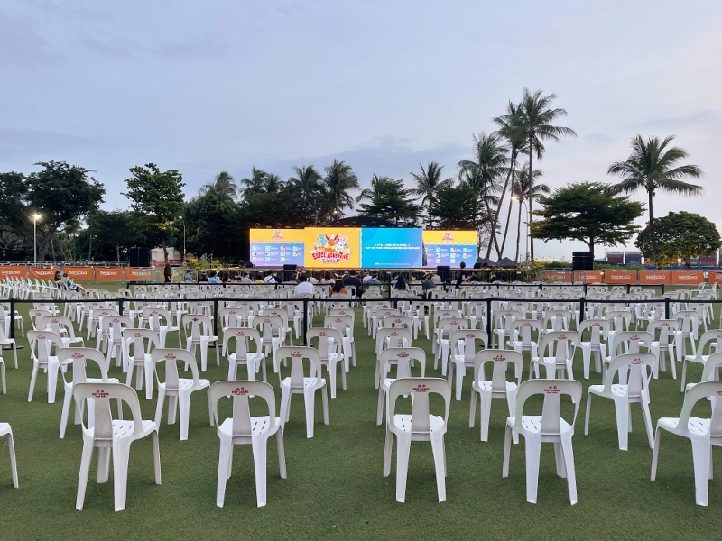 The stage and seating for the Eevee Dance Parade with Evolution Poncho performance at Palawan Beach Sentosa