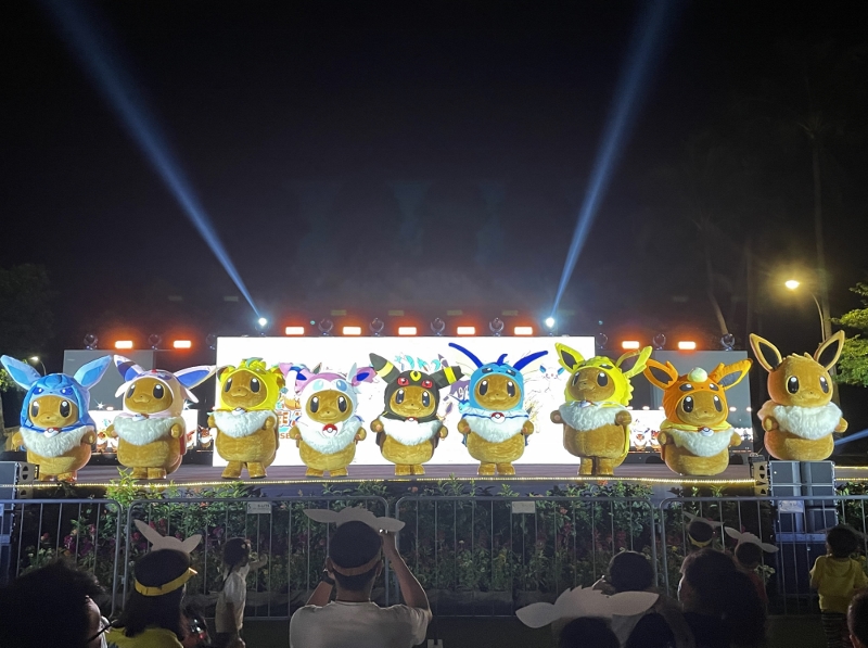 The Eevee characters taking a final bow during the Eevee Dance Parade with Evolution Poncho performance at Palawan Beach Sentosa