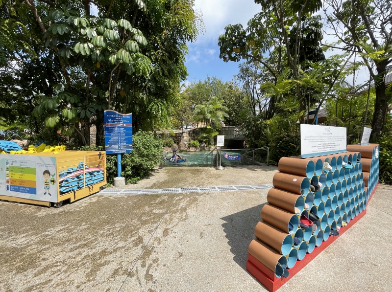 One of the entrances to the Adventure River with cubby holes at Adventure Cove Waterpark theme park
