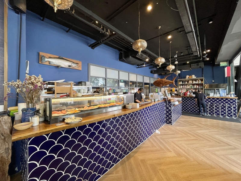 Food prep counters at Greenwood Fish Market restaurant