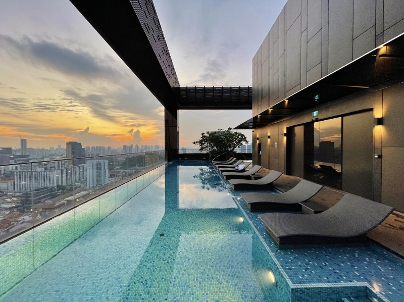 Sunset by the rooftop infinity Sky Pool at The Clan Hotel