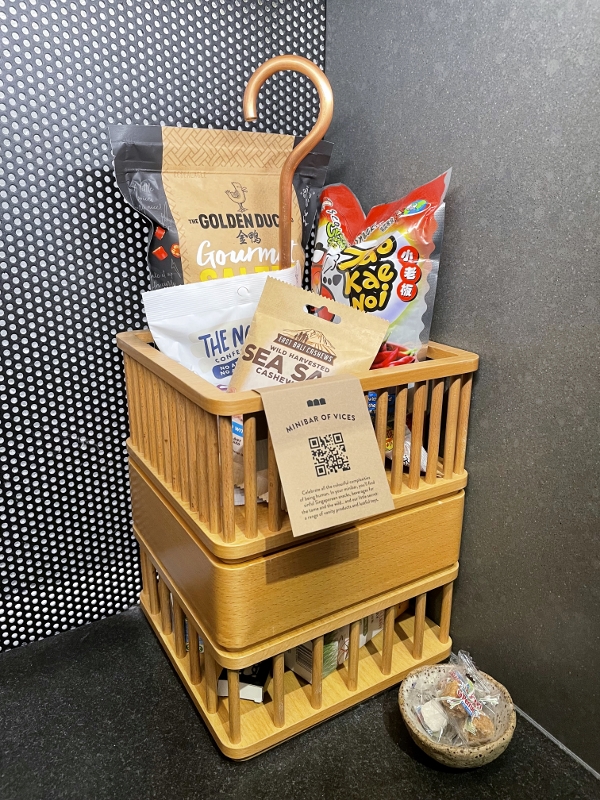 Mini-bar items for sale in Warehouse Loft room at The Warehouse Hotel