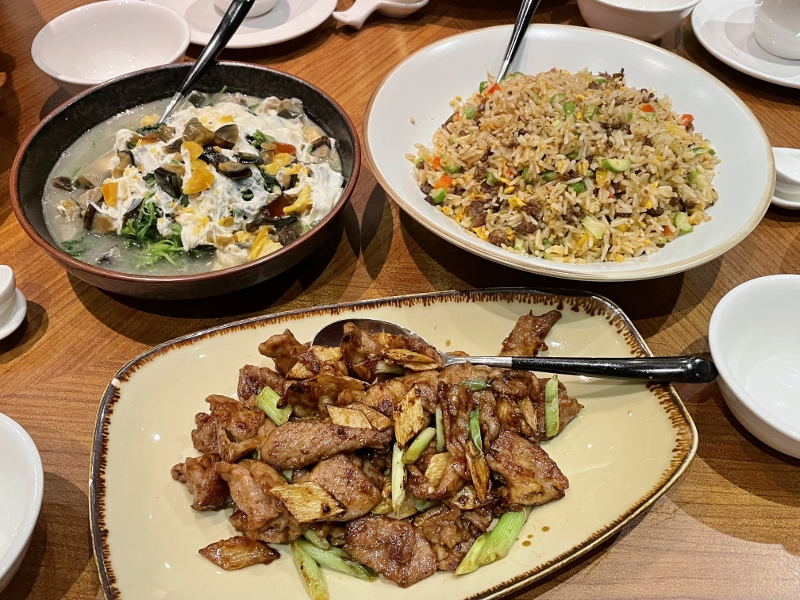 Spinach with trio eggs, wok-fried rice with wagyu beef and kurobuta pork from Hua Ting Cantonese restaurant at Orchard Hotel