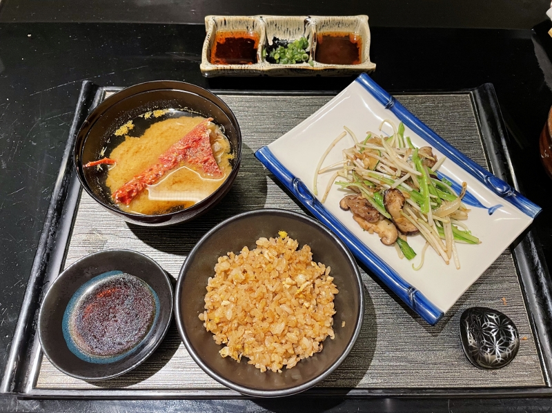 Garlic and egg fried rice, miso soup and vegetables from Keyaki Japanese restaurant at Pan Pacific Hotel