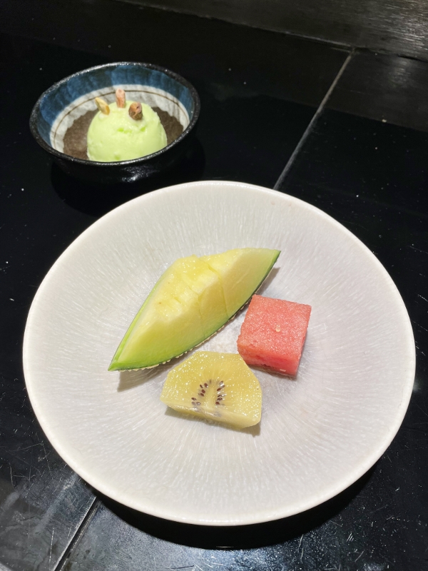 Fruit platter and lime sherbet dessert from Keyaki Japanese restaurant at Pan Pacific Hotel