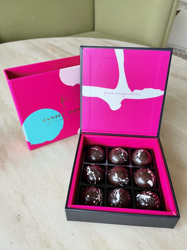 A box of Janice Wong artisanal chocolates in Deluxe Room at Equarius Hotel