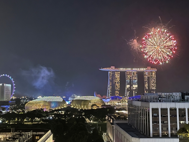 The view of the National Day Parade rehearsal fireworks from Grand Park City Hall Hotel